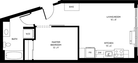 Floor plan for 1 bed, 1 bath, 579 sqft